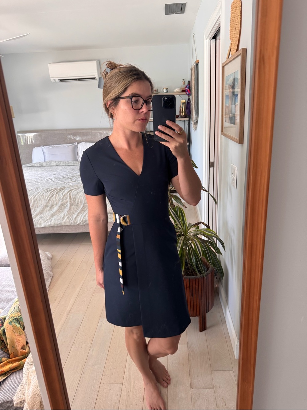 Navy V-Neck Short Sleeve Belted Dress